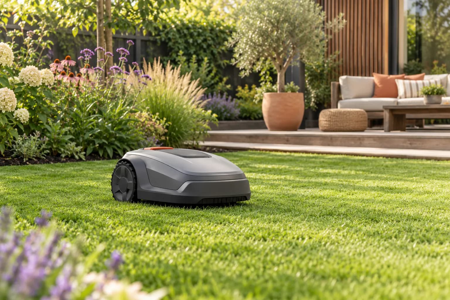Sfeerbeeld: robotmaaier op een gazon naast een terras en bloeiende borders